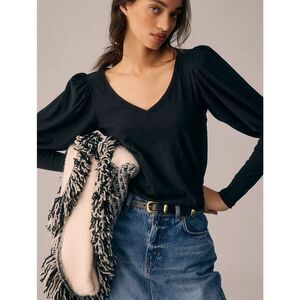 Nation LTD Womens Emilia V-Neck Drama Cotton Long Sleeve Blouse‎ Black Size XS